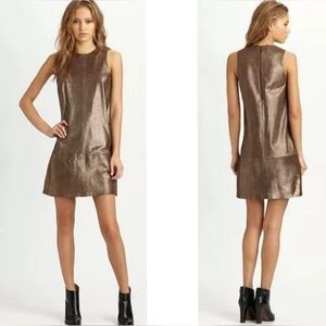 $1000 Vince Metallic Paper Leather Suede Mini Sleeveless Dress Bronze Brown Size